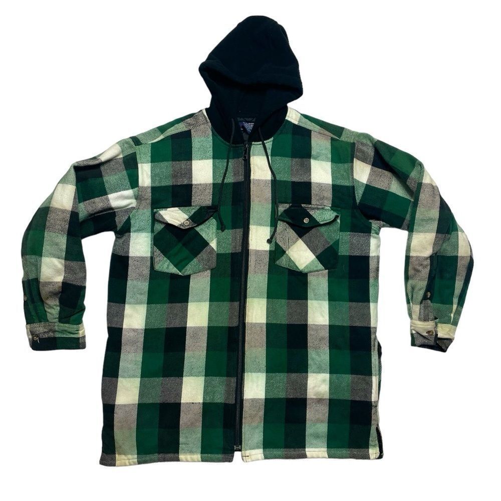 VTG FiveBrother Men's Large Lined Plaid Coat Full Zip Green White Black